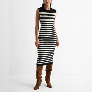 NWT Express Crew Neck Cap Sleeve MIDI Black and Cream Striped Sweater Dress